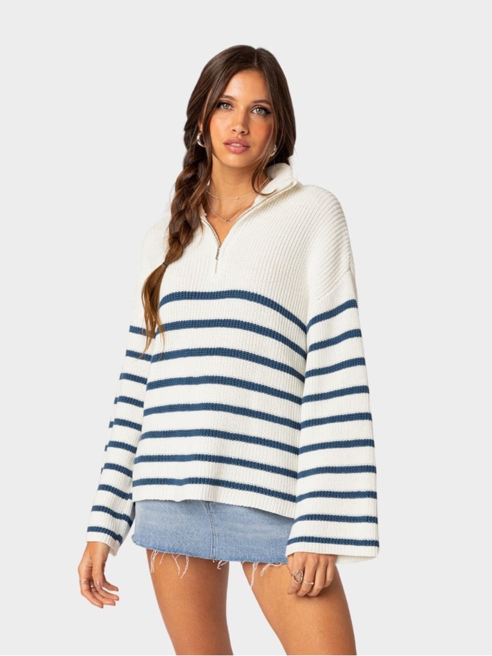 Edikted White & Navy Oversize 1/4 Zip Turtleneck Sweater
